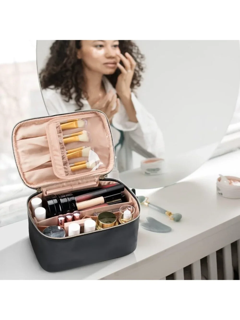 Large Capacity Portable Makeup Bag Organizer for Travel - Black Cosmetic Case